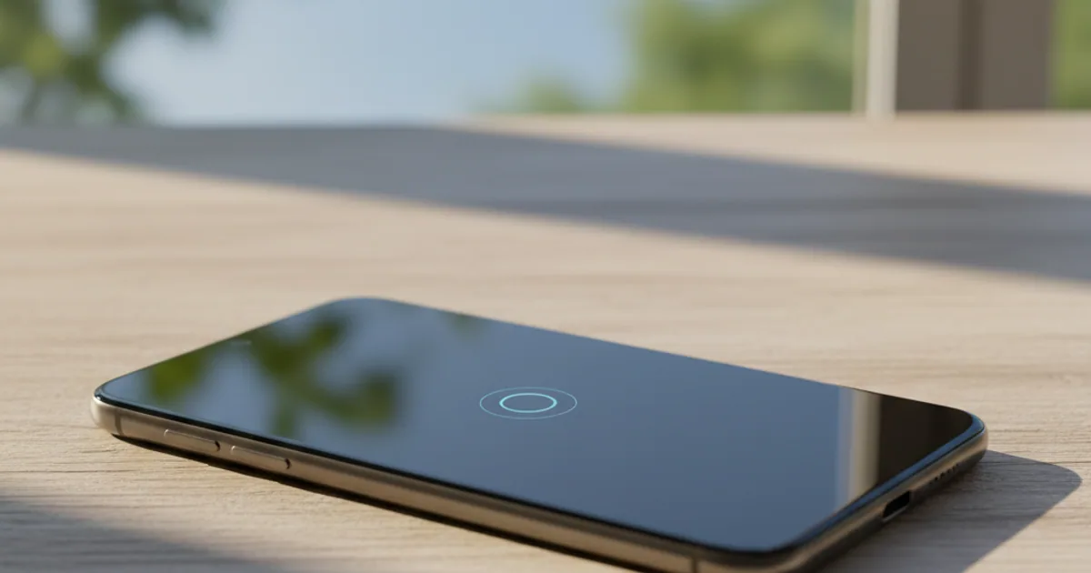 A phone with a blank lock screen lying face up on a wooden desk in warm daylight.