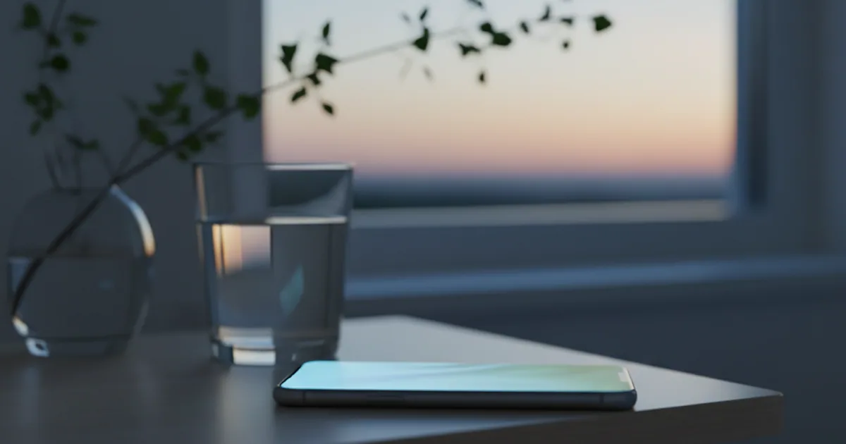 A person at a desk glancing away from a book toward a glowing phone, attention visibly split between the two.