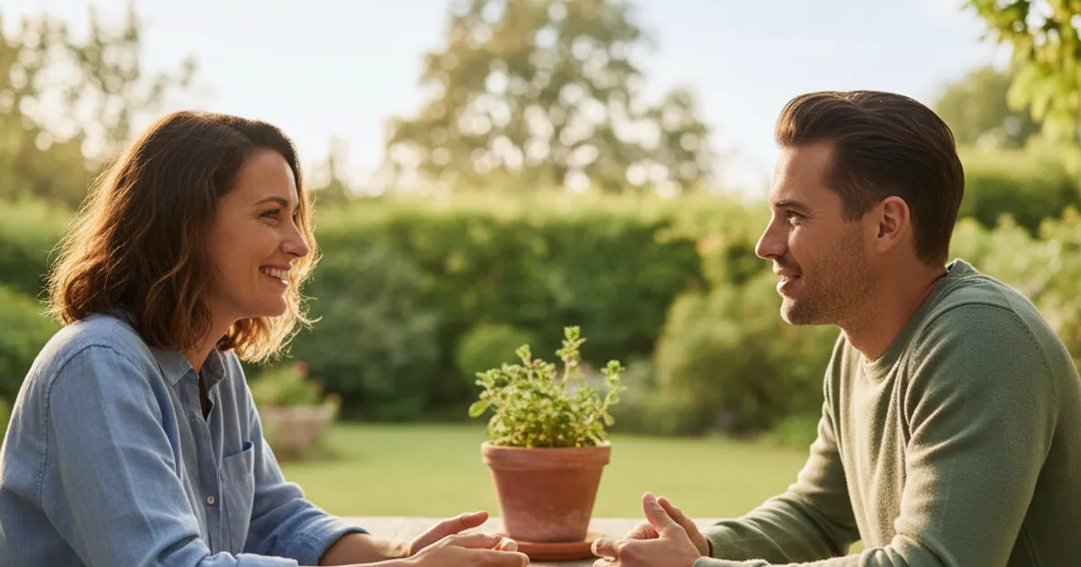 Two people sitting close on a sofa in warm evening light, one glancing down at a phone while the other looks toward them.