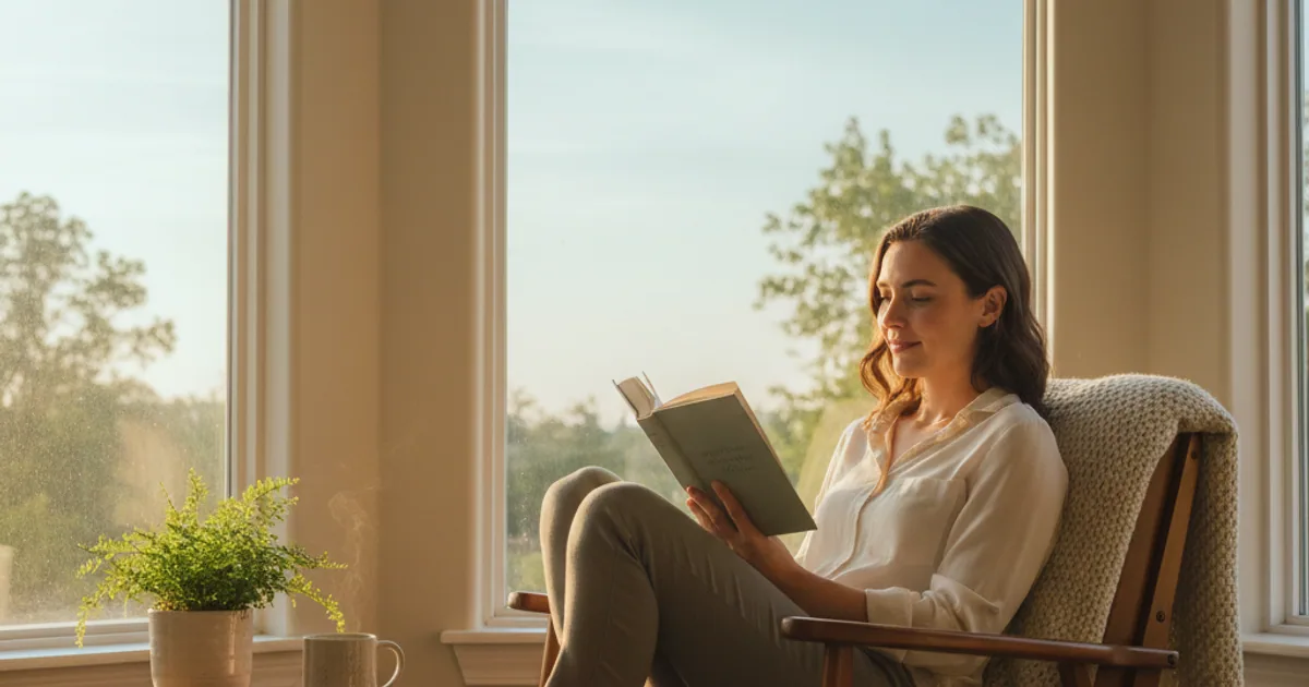 A person reading a worn paperback in a sunlit room, phone face-down and out of reach on the table.
