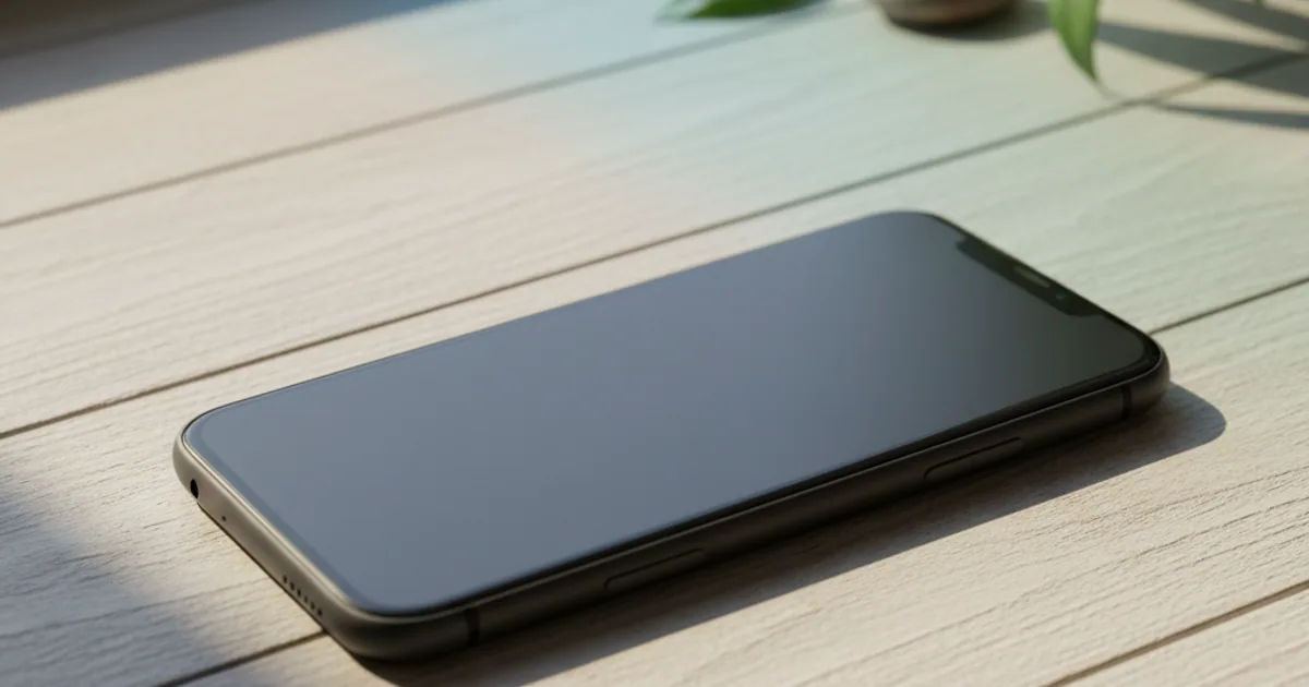 A phone with a plain, uncluttered lock screen on a wooden desk in warm light.