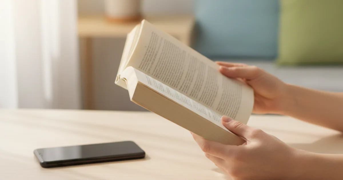 A hand reaching past a phone toward a paperback book left open on the arm of a couch.