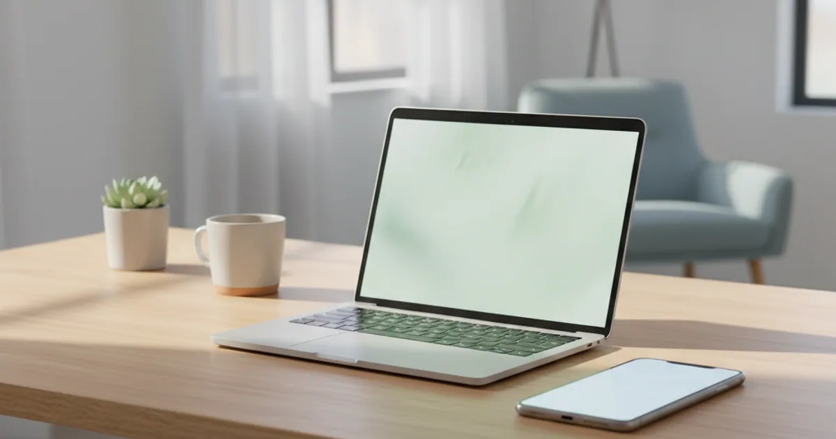 A phone and an open laptop on a desk in soft daylight, no visible interface
