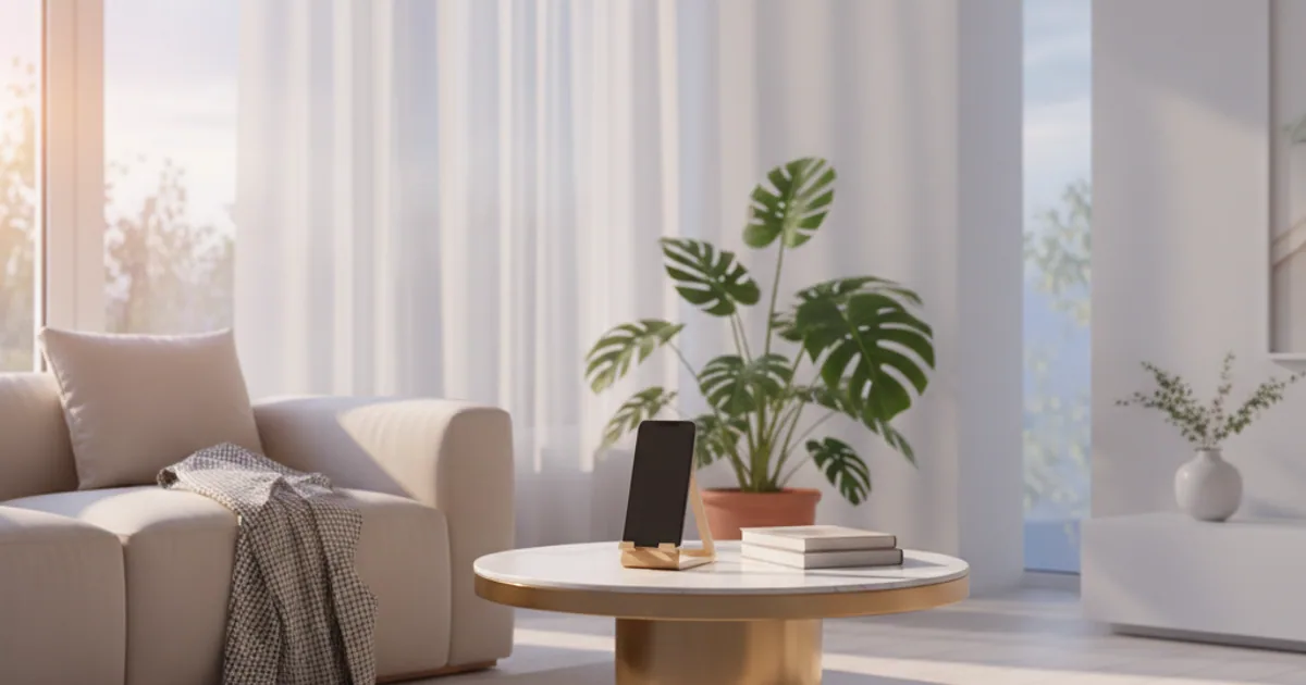 A phone propped on a stand in a calm living room at dusk, no visible interface