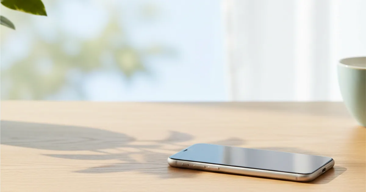 A phone with a plain empty lock screen resting on a wooden desk in warm daylight