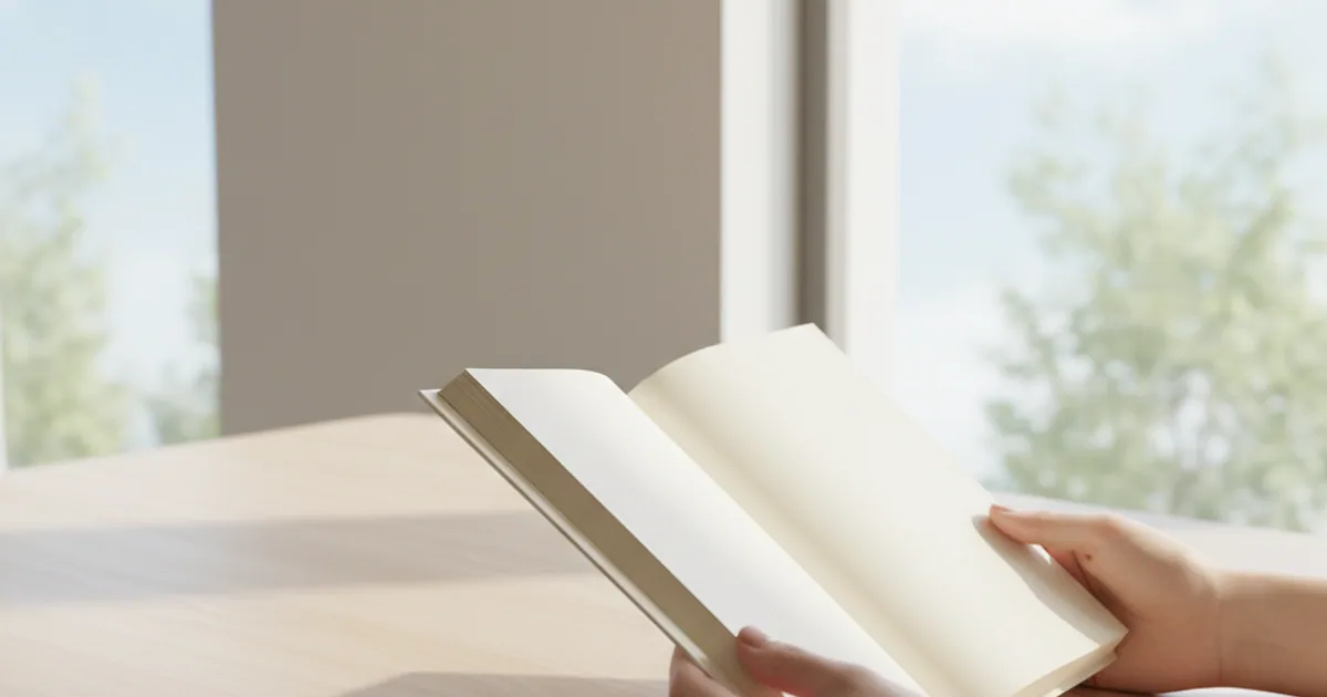 A person's hands holding a book with a phone set aside on the table, soft daylight