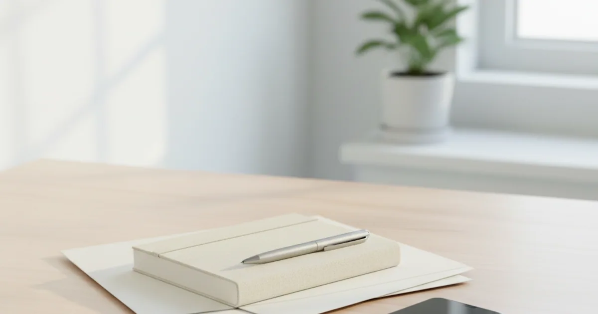 A quiet desk with a closed notebook and a phone, warm soft light, contemplative mood