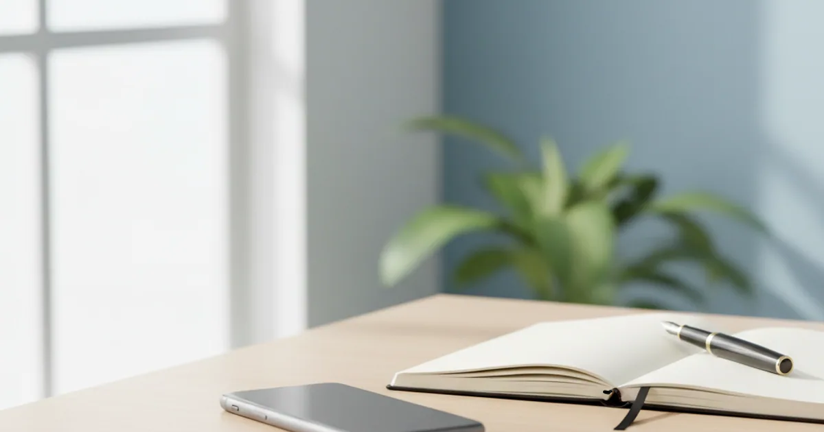 A phone face-down on a calm table with a notebook, soft daylight